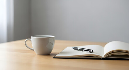 Workspace essentials: Coffee cup, open notebook, and pen on wooden desk for planning and productivity