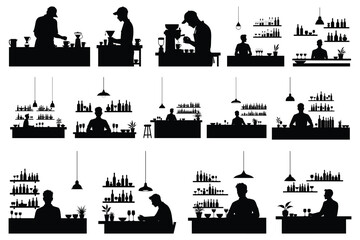 Barista making coffee and bartender serving drinks silhouettes