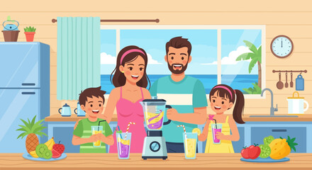 Family wellness: Creating nutritious smoothies together in a bright coastal kitchen