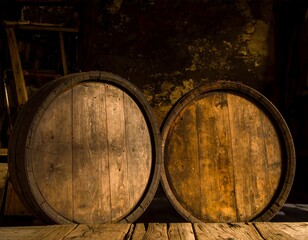 Two old wooden barrels in a dimly lit cellar