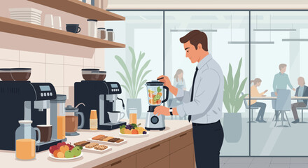 Fototapeta premium Modern workplace wellness: Employee making a smoothie in a company kitchen