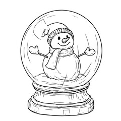 Glass ball on a stand, black and white sketch. Vector illustration. Christmas ball with snowman and snow, isolated on a white background. Concept for New Year's gifts, cards, invitations, and textiles