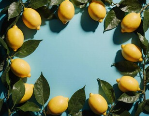 A vibrant display of fresh yellow lemons and green leaves forms a circular arrangement on a blue background Generative AI