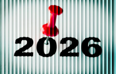 Red pin marks year 2026 on glowing striped paper — bold minimal abstract calendar design with clean futuristic light waves and layered motion textures