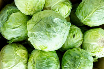 Close-up of whole green cabbage heads with crisp, veined leaves stacked together, showcasing freshness, natural texture, and local harvest