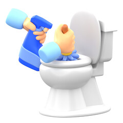 Cleaning White Toilet Bowl with Blue Spray and Brush on Transparent Background