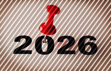 Red pin marks year 2026 on brown paper — minimal bold abstract calendar theme design with futuristic clean light waves and layered motion textures