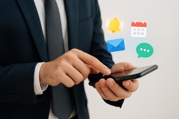 Businessman Using Smartphone with App Icons for Notifications and Communication in a Modern Office Environment