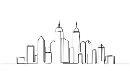 Fototapeta premium Continuous black line draws a clean minimalist city skyline representing urban development and metropolitan architecture.
