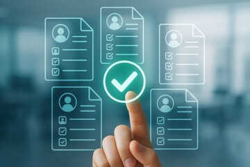 Hand Selecting Document with Check Mark on Transparent Screen for Approval Process in Modern Office Environment