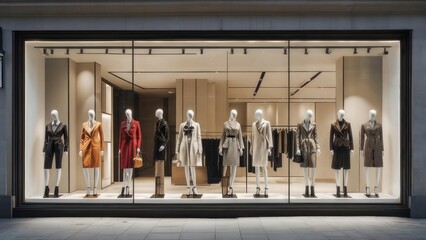 Elegant Fashion Store Window Display with Mannequins Showcasing Chic Outfits.