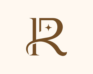 Sophisticated monogram letters K and R in a brown elegant style on a light beige background,  with a decorative star symbol