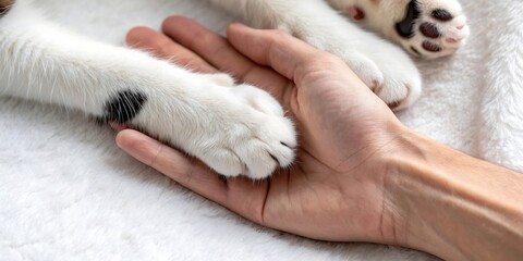 A gentle connection a human hand holding a soft white cat paw symbolizing trust and companionship