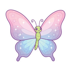 Cute butterfly cartoon character with pastel wings and star details vector illustration for childrens designs isolated on white background