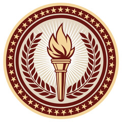 A circular emblem featuring a golden torch and laurel branches.