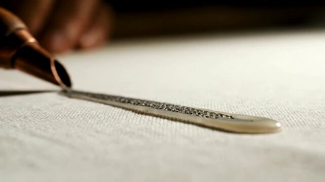 A macro shot shows a traditional canting tool applying a line of hot wax and then a granular resist material onto fabric for batik making.