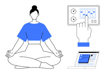 Woman practicing meditation in a yoga pose, surrounded by a control panel and an open laptop window. Ideal for mindfulness, digital balance, wellness, tech usage, personal growth, relaxation, simple
