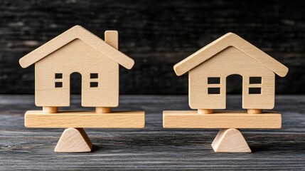 Two wooden house models on a seesaw, representing a balance