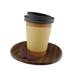 Coffee Cup on Wooden Coaster with Coffee Beans Isolated on Transparent Background 3D Rendered Illustration for Beverages Hot Drinks and Cafe