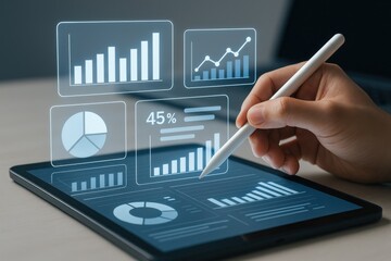 Digital Analysis of Business Data with Graphs and Charts on Tablet Screen for Financial Reports and Insights