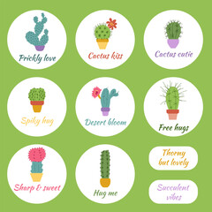 Adorable cactus in pots stickers with romantic quotes and sweet phrases. Perfect for Valentine&rsquo;s gifts, planners, scrapbooking, cards, packaging, digital projects and creative decoration. 