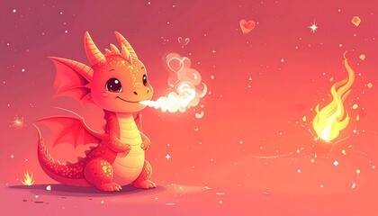 Obraz premium Cartoon dragon breathing fire in a fantasy illustration with hearts