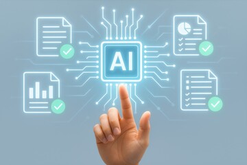 Futuristic Hand Touching AI Technology with Data and Graph Symbols Surrounding Concept of Artificial Intelligence