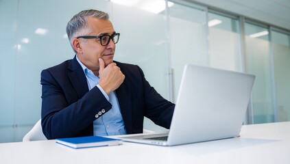 businessman office laptop professional man in blue suit using computer indoors