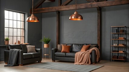 Modern Charcoal And Copper Living Room With Industrial Lighting, Exposed Wooden Beams, Cozy Warm Throws, Contemporary Loft Style, And Inviting Industrial Chic Interior Design