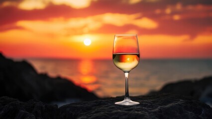Glass of White Wine at Sunset by the Sea.
