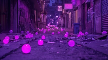 Neon-lit alleyway strewn with pink orbs