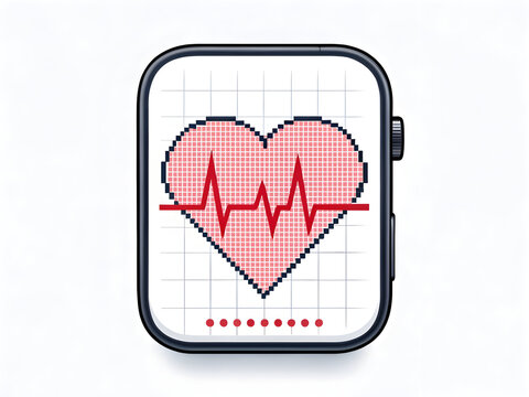 Pixelated heart rate monitoring app icon displayed on a modern smartwatch screen for digital healthcare and wellness. - Powered by Adobe