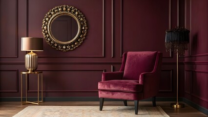 Luxurious Deep Burgundy Living Room With Plush Velvet Armchair, Ornate Gilded Mirror, Rich Moody Atmosphere, Elegant Classic Accents, And Sophisticated Timeless Interior Style