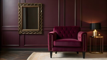 Luxurious Deep Burgundy Living Room With Plush Velvet Armchair, Ornate Gilded Mirror, Rich Moody Atmosphere, Elegant Classic Accents, And Sophisticated Timeless Interior Style