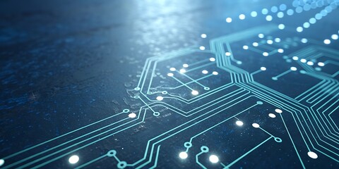Abstract digital circuitry with glowing blue lines and points representing data flow and connectivity in a futuristic network