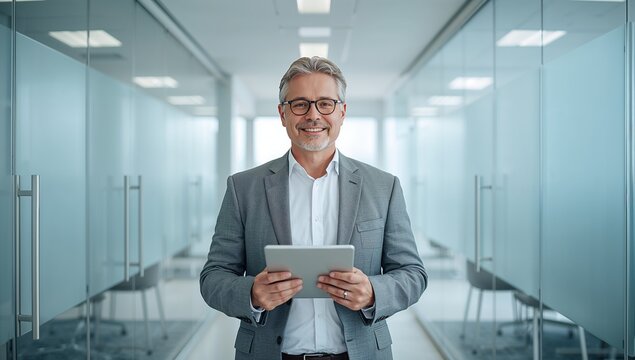 man office tablet business man in modern corporate building holding device and smiling at camera - Powered by Adobe
