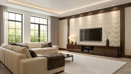 Chic Espresso And Cream Living Room With Modern Furniture, Textured Accent Walls, Cozy Soft Throws, Warm Neutral Palette, And Contemporary Comfort For Stylish Relaxed Ambiance