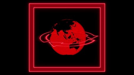 Red neon arrows orbiting red 3D globe inside red neon square frame on black background for earth. 3D red globe enclosed by red neon arrows inside red square frame on black background. - Powered by Adobe