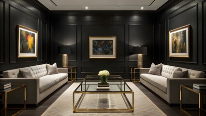 Striking Jet Black Living Room With Bold Artwork, Sleek Glass Tables, Dramatic Statement Lighting, Modern Sophisticated Decor, And Luxe Contemporary Ambiance For Stylish Homes