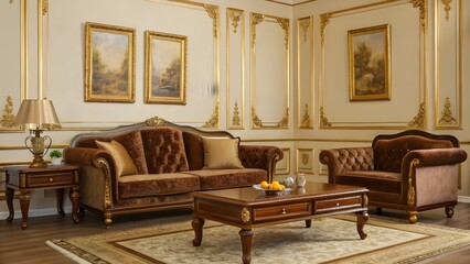Elegant Mahogany Living Room With Classic Furniture, Gold Accents, Luxurious Rich Textiles, Timeless Traditional Decor, And Warm Sophisticated Ambiance For Refined Home Style