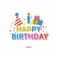 Colorful Happy Birthday Illustration with Party Hat Candle and Gifts.
