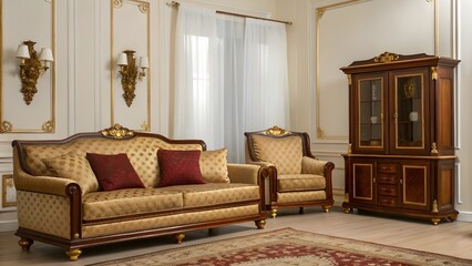 Elegant Mahogany Living Room With Classic Furniture, Gold Accents, Luxurious Rich Textiles, Timeless Traditional Decor, And Warm Sophisticated Ambiance For Refined Home Style