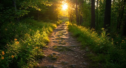 Obraz premium Sunlit forest path leading towards bright sunlight and green vegetation