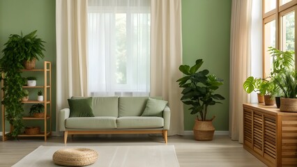 Inviting Moss Green Living Room With Natural Wood Accents, Flowing Linen Curtains, Lush Leafy Plants, Cozy Modern Seating, And Tranquil Earthy Tones For Relaxed Contemporary Style
