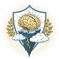 A stylized image of a brain on an iceberg with clouds and leaves.