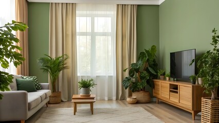 Inviting Moss Green Living Room With Natural Wood Accents, Flowing Linen Curtains, Lush Leafy Plants, Cozy Modern Seating, And Tranquil Earthy Tones For Relaxed Contemporary Style