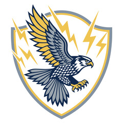 A stylized falcon logo with lightning bolts and a shield.