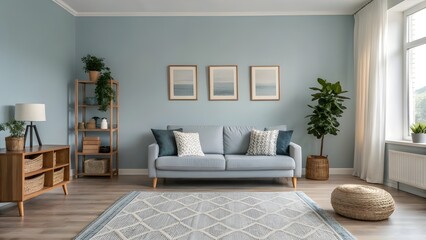 Serene Smoky Blue Living Room With Scandinavian Accents, Layered Textured Rugs, Sleek Minimalist Art, Cozy Modern Furniture, And Inviting Soft Lighting For Stylish Home Decor