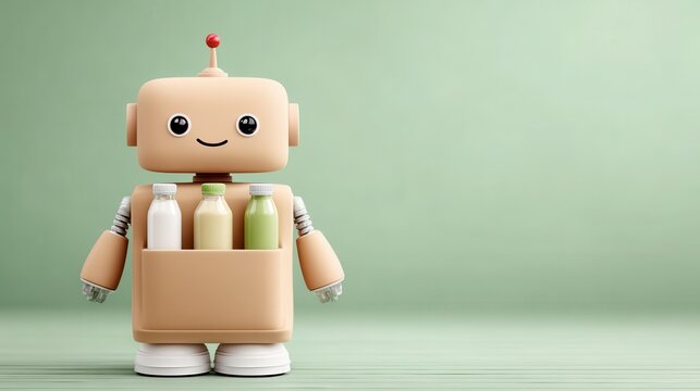 Cute cardboard robot stands cheerfully on a pastel green background, ready to deliver refreshing drinks to its friends. National Recycling Day and Week America Recycles Day