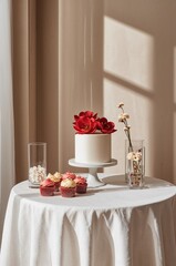 Dessert Table Cake Display with Cupcakes Flowers and Soft Romantic Light